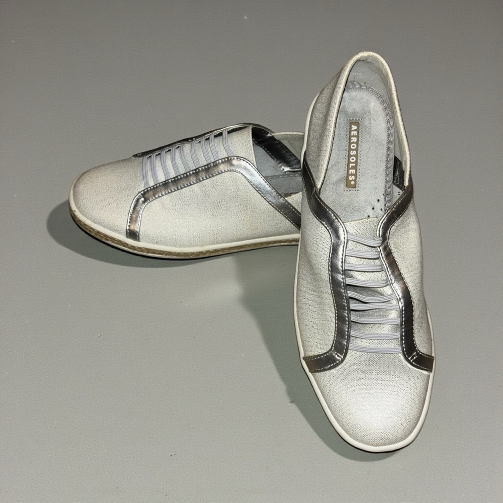 Aerosoles Silver Metallic Slip-On Comfort Sneakers | Espadrille Trim | Size 8.5 - Picture 2 of 5